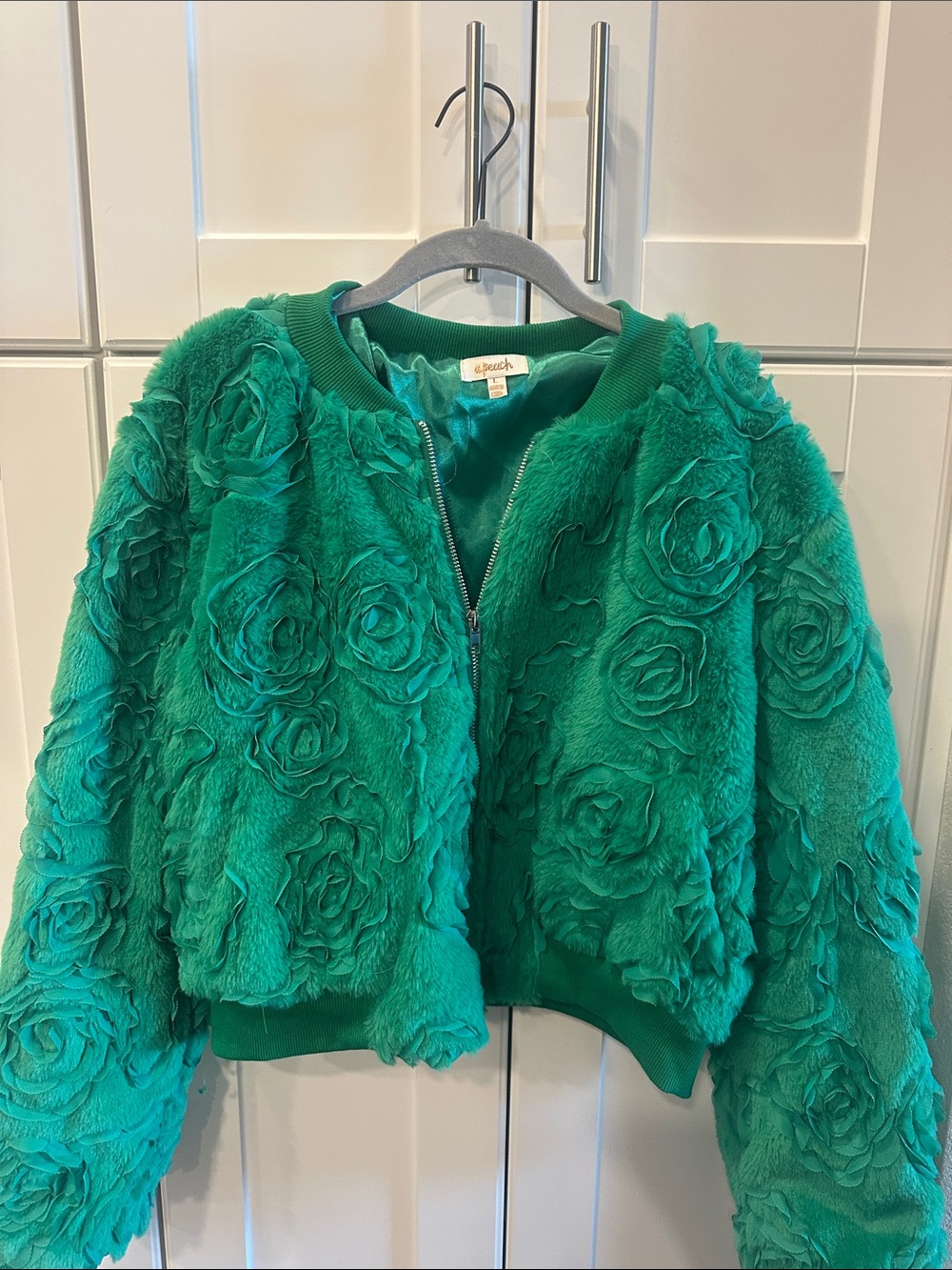 Women’s Green Floral Faux-Fur Bomber Jacket